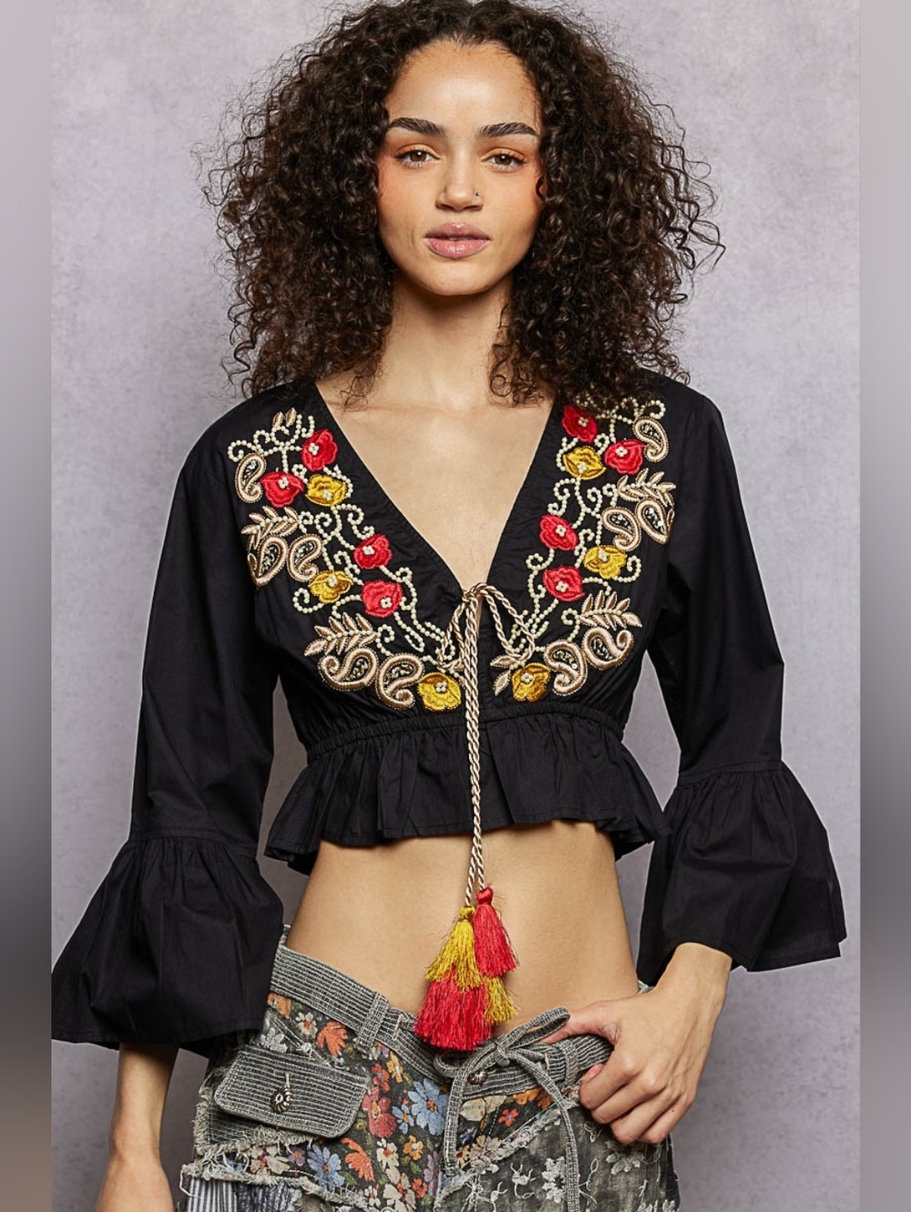 POL Floral Embroidered Cropped Blouse- Boho Inspired Style